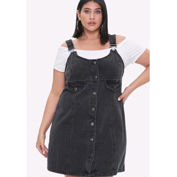 Forever 21 Dresses & Skirts - Forever 21 Plus Black Denim Overall Mini Dress Button Front 0X NWT